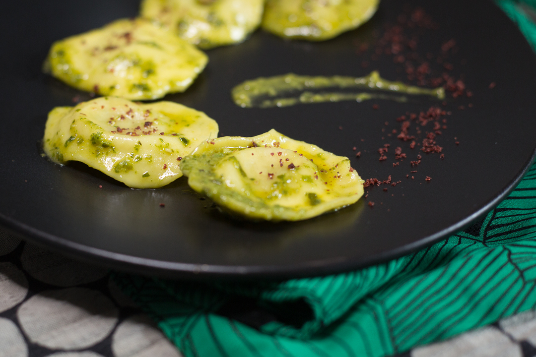 Recipe: Vegan artichoke ravioli + sumac + aromatic herbs pesto 