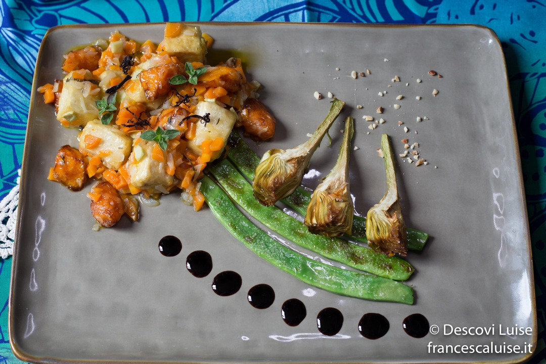 Recipe: Tofu in carpione with taccole, crunchy artichokes and balsamic vinegar reduction