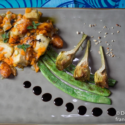 Tofu in carpione with taccole, crunchy artichokes and balsamic vinegar reduction