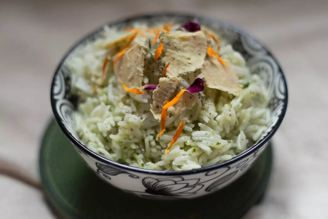 Recipe: Basmati Rice with Fresh Herb Pesto and Vegan Cheese