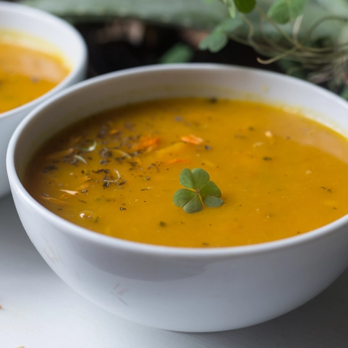 Spring soup with shamrock leaves