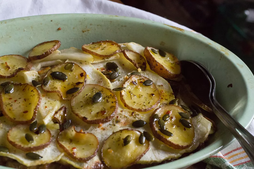 Recipe: Potato and Kohlrabi Bake with Seitan