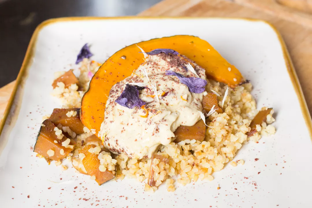 Recipe: Millet and Bulgur with Braised Pumpkin and Chickpea Corn Hummus