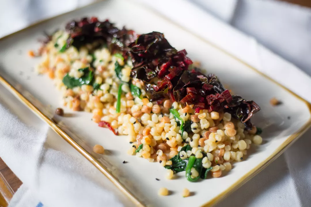 Recipe: Fregola with Spinach, Red Chard and Nigella Seeds