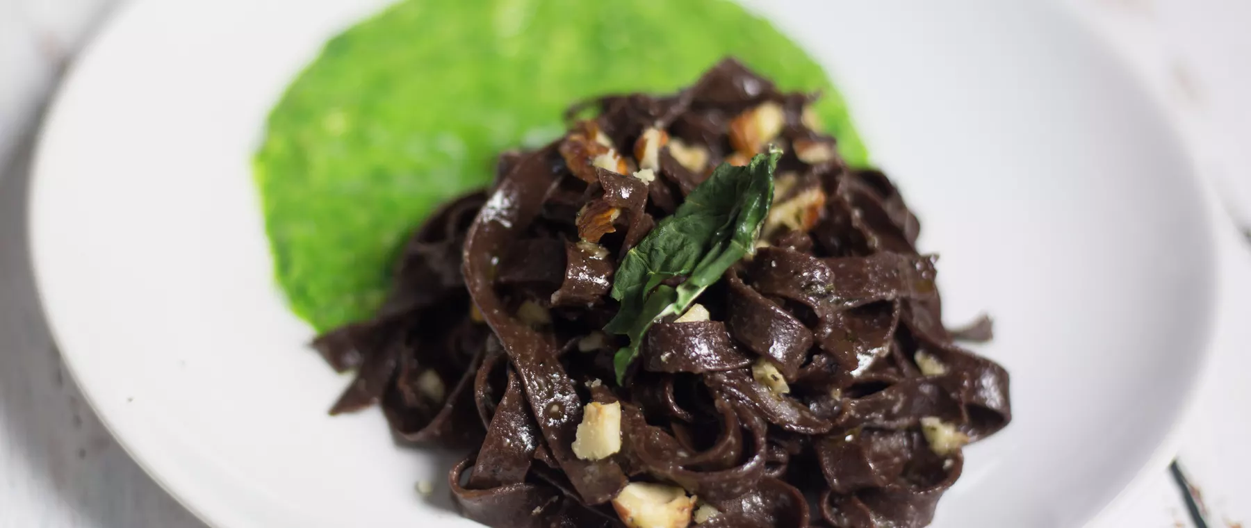 Recipe: Cocoa Tagliatelle with Spinach and Hazelnut Pesto