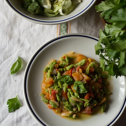 Traditional spätzle of the Italian mountains in vegetable style