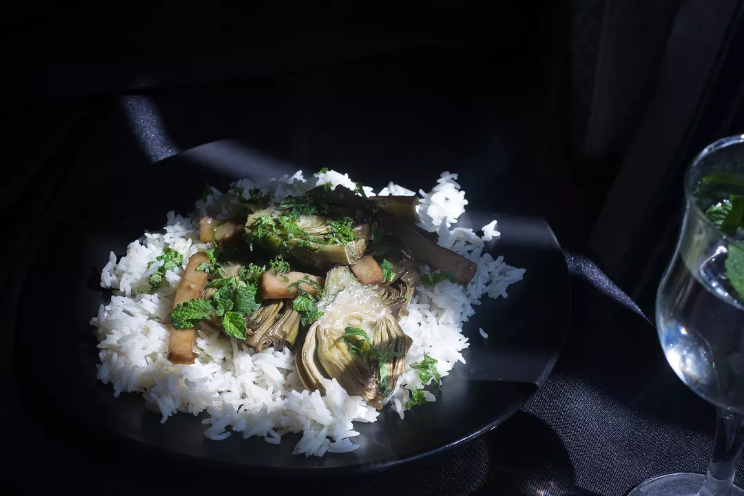 Recipe: Artichokes and Seitan with Mint and Cardamom Basmati Rice