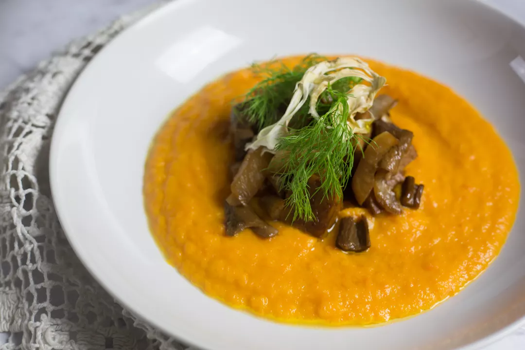 Recipe: Braised Tempeh with Mushrooms and Apple Carrot Purée