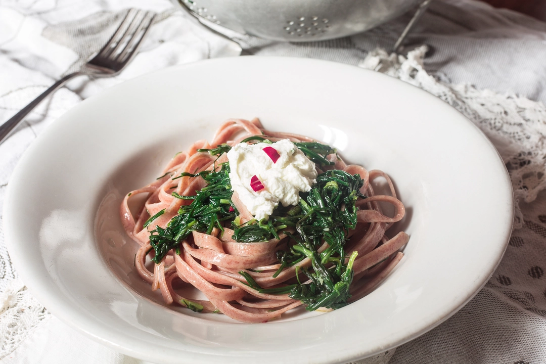 Recipe:  Wholemeal spelled fettuccine with agretti and almond ricotta