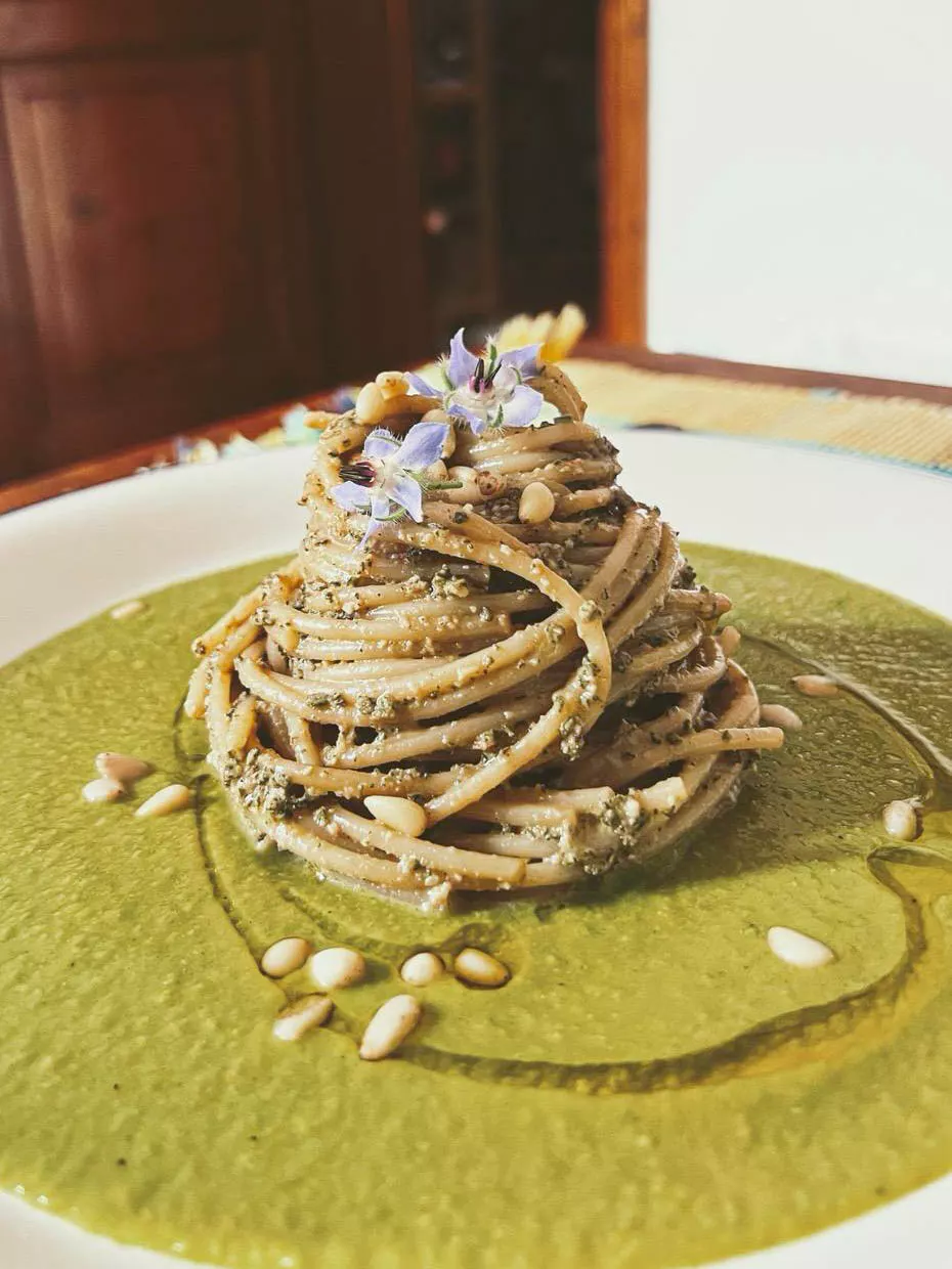 Recipe: Spaghettoni with Sage Pesto and Pea Cream