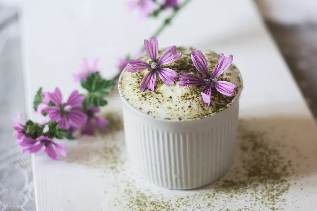 Recipe: Soy Yogurt Breakfast with Matcha and Mallow Flowers