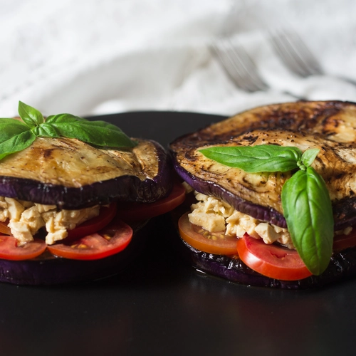 Mediterranean style aubergines with a veggie variant