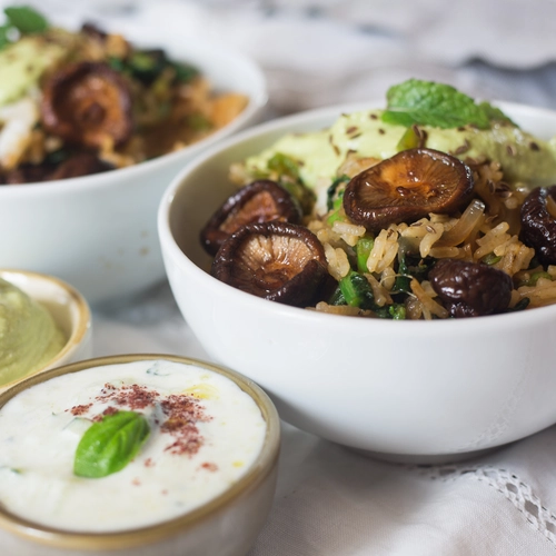 Turnip greens and shitake basmati rice with 2 souces