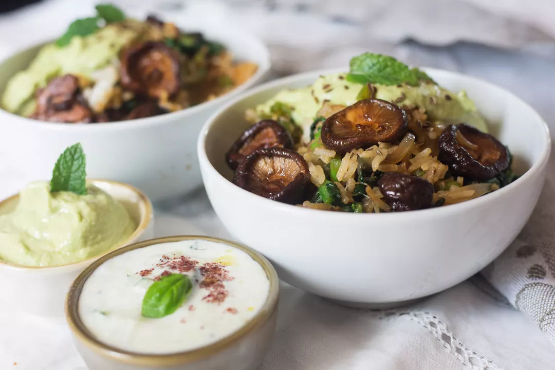 Recipe: Basmati Rice with Turnip Greens, Shiitake and Two Sauces