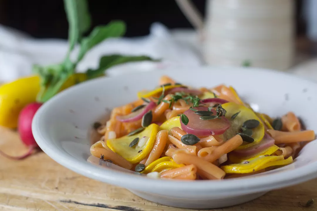 Recipe: Red Lentil Pasta with Courgettes and Fermented Radishes