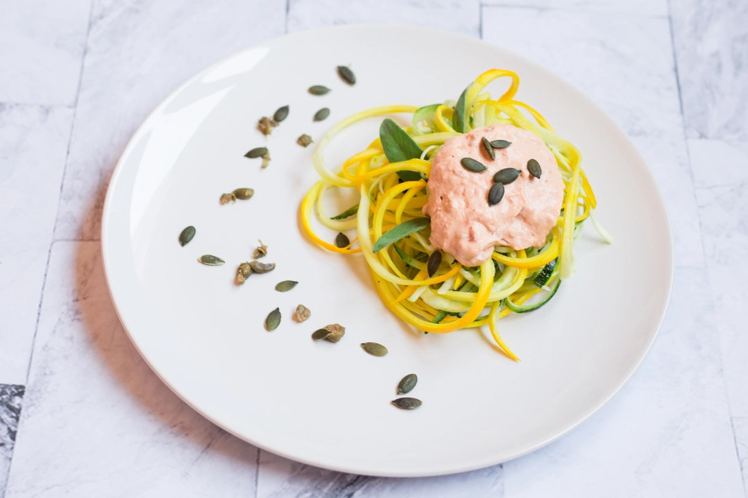 Recipe: Zucchini spaghetti with Mediterranean style silken tofu mousse