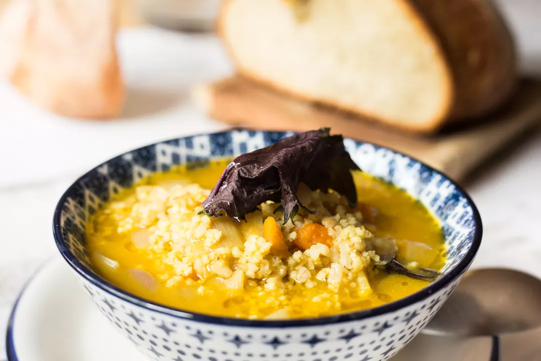 Recipe: Pumpkin and Leek Soup with Millet, Barley and Shiso (photo 1)