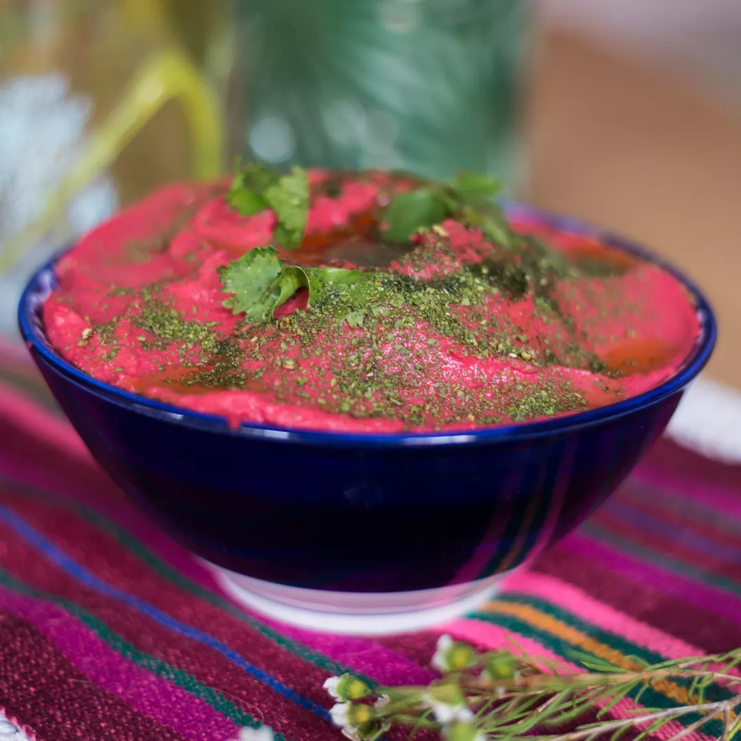 Recipe: Pink Beetroot Hummus with Broccoli Powder